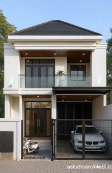 DESAIN RUMAH KODE 307B – lahan 8x15m RUMAH 2 LANTAI + ROOFTOP UNTUK KELUARGA DENGAN HOBI MOTOR